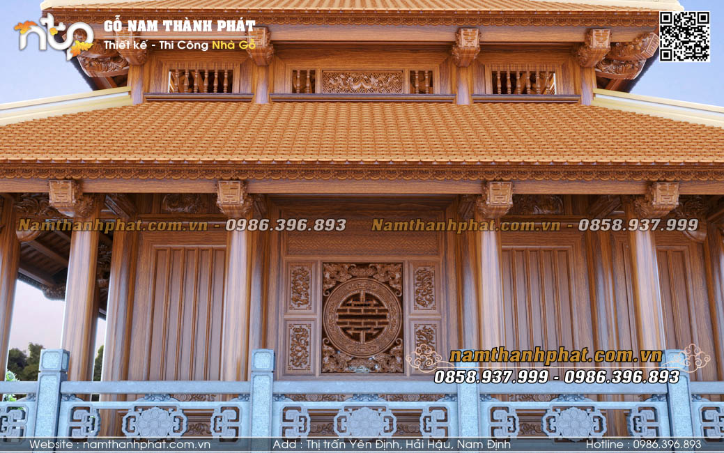 Thiết kế phàn vách nhà gỗ 3 gian 2 chái với cửa sổ chữ thọ